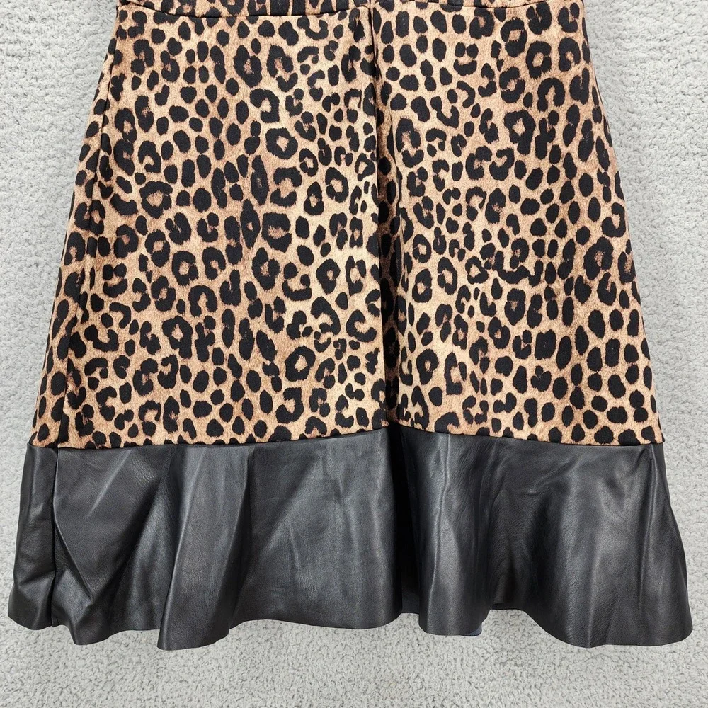 MICHAEL KORS Leopard Print Faux Leather Sleeve Fit‎ Flare Dress Women's Medium